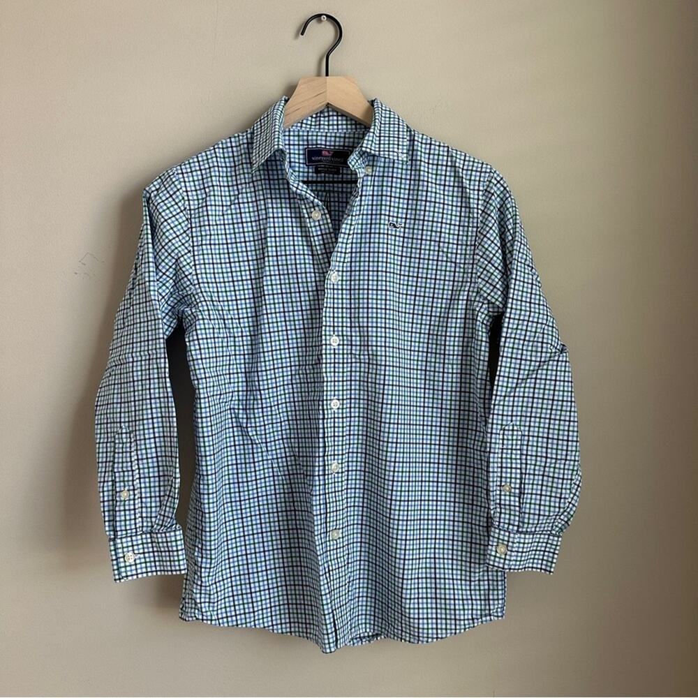 Vineyard Vines Boys Medium Whale Shirt Blue Green Plaid Button Down Cotton